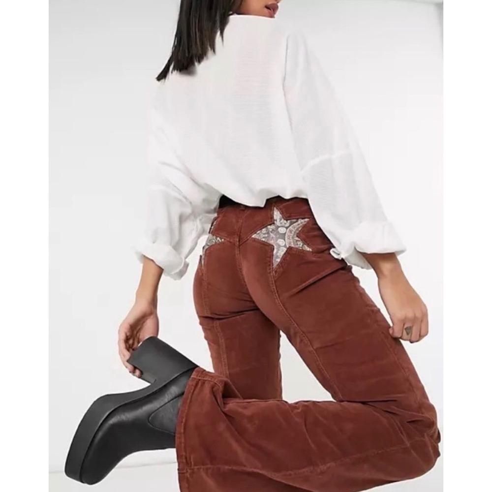 Free People Firecracker Flare Corduroy Pants Brown Paisley Star Patchwork 70s - Picture 2 of 10